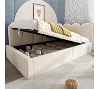 Easexcy cama tapizada, día y sofá cama con almacenamiento hidráulico, cuna con somier de metal, terciopelo, sin colchón (beis, 90 x 190 cm, dimensiones interiores)