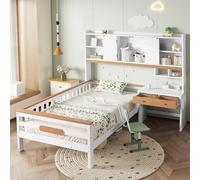 Easexcy Cuna con armario de almacenamiento, con mesa y cajones, con placa protectora y somier, estructura en L, color blanco+natural, pino+MDF+tablero multicapa, 90 x 200 cm