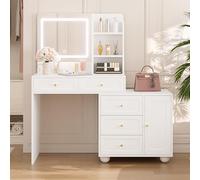 Easexcy Gran tocador con espejo ajustable, 5 cajones, 1 puerta y 3 estantes, blanco, 80 × 39,8 × 127 cm