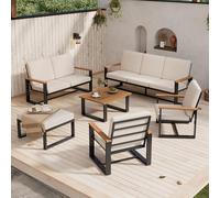 Easexcy Juego de muebles de jardín, 1 sofá de 3 plazas, 1 sofá de 2 plazas, 2 sofás de 1 plaza, mesa de café y reposapiés, mesa de café y reposapiés, mesa de madera de acacia, beige