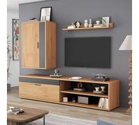 Easexcy Juego de pared para TV de 140 x 35 x 39 cm (juego completo, 3 unidades), incluye tabla de TV, estantería y estantería de pared, color madera + negro