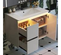 Easexcy Lavabo montado en la pared, completamente lacado, lámpara LED con sensor de radar, bisagras de cierre suave, lavabo integrado (76 x 47 x 57 cm, blanco, colgante)
