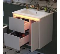 Easexcy Lavabo montado en la pared, completamente lacado, lámpara LED con sensor de radar, bisagras de cierre suave, lavabo integrado (61 x 46,5 x 57 cm, blanco, colgante)