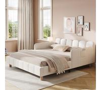 Easexcy Lit capitonné, cama matrimonial, 140 x 190 cm, Avec tête de lit capitonnée et barrière de sécurité, Pieds en Bois macizo (beige+terciopelo, 140 x 190 cm)