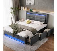 Easexcy Lit Rembourré 140 x 190 cm, hydraulique, Avec Port USB (supporte le chargement sans fil et filaire), Avec éclairage LED et 3 tiroirs de rango, diseño de poliuretano Litchi (gris, 140 x 190 cm