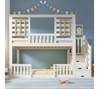 Easexcy Litera de 90 x 200 cm, color blanco, estilo cabaña, con ventanas de madera y armario de escaleras, cuna con 2 superficies de descanso, somier incluido, sin colchón