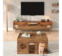 Easexcy Mesa de centro de nogal apta para mascotas, con agujeros para gatos, 80 x 50 x 40 cm, acabado en nogal, perfecta para la sala de estar y la interacción entre personas y animales (nogal + MDF +