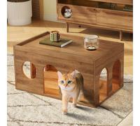 Easexcy Mesa de centro de nogal apta para mascotas, con agujeros para gatos, 80 x 50 x 40 cm, acabado en nogal, perfecta para sala de estar e interacción entre personas y animales (nogal + MDF)