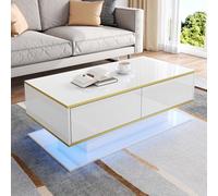 Easexcy Moderna mesa de centro LED con superficie brillante, 110 x 55 x 40 cm, decoración dorada, tres cajones y un compartimento abierto con tira de luz LED que cambia de color (blanco)