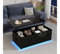 Easexcy Moderna mesa de centro negra brillante con iluminación LED y espacio de almacenamiento oculto, mesa auxiliar hidráulica elevable 100 x 50 x 35 cm, capacidad de carga 40 kg (negro, 100 x 50 x