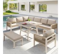 Easexcy Sofá de jardín trenzado a mano en forma de L para hasta 8 personas/completo con mesa (vidrio imitación madera) y 1 sillón/muebles de terraza resistentes a la intemperie (beige)