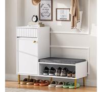 Easexcy Zapatero moderno con banco, 1 puerta, 1 cajón, 1 estante abierto, acolchado, color blanco, dimensiones: 100 x 35 x 82,2 cm (blanco, ancho 100 x 35 x alto 82,2 cm)