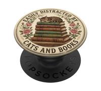 Easily Distracted by Cats and Books Lover Librarian Bookish PopSockets PopGrip Adhesivo