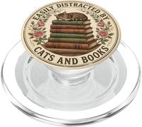Easily Distracted by Cats and Books Lover Librarian Bookish PopSockets PopGrip para MagSafe