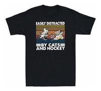 Easily Distracted by Cats and Hockey Cat Playing Ice Hockey Funny Men's T-Shirt Black S