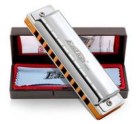 East Top 10 Holes Professional Diatonic Blues Harmonica Key of F con cubierta plateada, Probgrade Armónica para adultos, jugadores profesionales y estudiantes