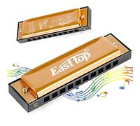 East top Blues Harmonica, Clave de armónica diatónica de C 10 agujeros 20 tonos de órgano de boca blues arpa armónica para adultos, niños, principiantes, profesionales y estudiantes (T10-4-Gold)
