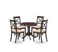 East West Furniture ANBO5-CAP-C - Juego de mesa de cocina de 5 piezas para 4 personas, incluye una mesa de comedor redonda con pedestal y 4 sillas de comedor tapizadas de tela de lino, 36 x 36