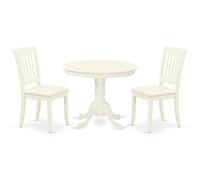 East West Furniture ANDA3-LWH-C - Juego de mesa y sillas de cocina de 3 piezas que contiene una mesa de comedor redonda con pedestal y 2 sillas de comedor tapizadas de tela de lino, 36 x 36 pulgadas