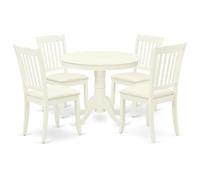 East West Furniture ANDA5-LWH-C - Juego de mesa de comedor moderno de 5 piezas que incluye una mesa de cocina redonda con pedestal y 4 sillas de comedor de tela de lino, 36 x 36 pulgadas, color blanco