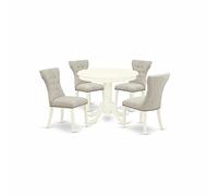 East West Furniture ANGA5-LWH-35 - Juego de comedor de 5 piezas para 4 personas, incluye una mesa de cocina redonda con pedestal y 4 sillas Parson tapizadas de tela de lino Doeskin