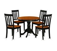 East West Furniture ANTI5-BLK-W - Juego de mesa de cocina de 5 piezas para 4 personas, incluye una mesa de comedor redonda con pedestal y 4 sillas de comedor, 36 x 36 pulgadas, negro y cerezo