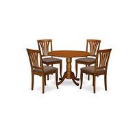 East West Furniture DLAV5-SBR-C - Juego de comedor de 5 piezas para 4 personas, incluye una mesa de comedor redonda con caída y 4 sillas de comedor de tela de lino, 42 x 42 pulgadas, color marrón