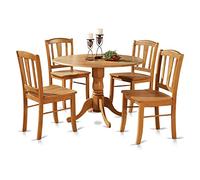 East West Furniture DLIN5-OAK-W - Juego de mesa de cocina de 5 piezas para 4 personas, incluye una mesa de comedor redonda con caída y 4 sillas de comedor, 42 x 42 pulgadas, roble