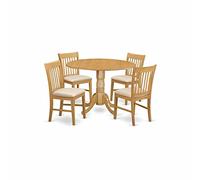 East West Furniture DLNO5-OAK-C Dublin - Juego de cocina de 5 piezas que incluye una mesa redonda con caída y 4 sillas de comedor tapizadas de tela de lino, 42 x 42 pulgadas