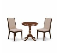 East West Furniture Eden - Juego de cocina de 3 piezas que contiene una mesa de comedor redonda con pedestal y 2 sillas Parsons de tela de lino marrón claro, 76.2 x 76.2 cm, caoba