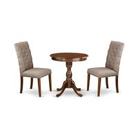 East West Furniture ESEL3-MAH-16 - Juego de comedor de 3 piezas para espacios pequeños que contiene una mesa de comedor redonda con pedestal y 2 sillas de comedor Parson de tela de lino caqui oscuro