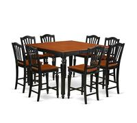 East West Furniture Juego de 9 piezas de altura de mostrador: mesa cuadrada de pub y 8 taburetes, asiento de madera, acabado negro