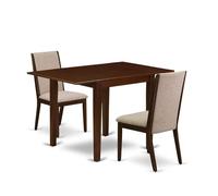 East West Furniture NDLA3-MAH-04 - Juego de mesa de comedor de 3 piezas que contiene una mesa de cocina rectangular con Dropleaf y 2 sillas tapizadas de tela de lino marrón claro, 76 x 122 cm, caoba