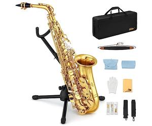 Eastar AS-Ⅱ Student Saxofón Alto E Flat Gold Lacquer Alto Beginner Sax Kit completo con estuche de transporte Boquilla Correas Cañas Soporte