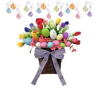 Easter Basket - Artificial Flowers, 13.78in Egg Ornament Festive Floral Decor | Door-Hanging Spring Accent, Easter Door Decoration Basket For Front Doors, Garden, Porch, Party Decor