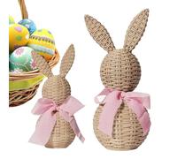Easter Bunny Decor - Resin Rabbit Figurines Set, Woven Style with Bow | 2 Piece Large Small Bunny Statues, Farmhouse Table Centerpiece Decorations for Living Room Bedroom Kitchen Office Housewarming G
