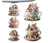 Easter Bunny Hangable Ornaments - 5 Pack 2D Acrylic Pendants in Tea Cup | Adorable Cartoon Rabbit Charms 8cm x 3mm, Whimsical Easter Party Decorations for Living Room Kitchen Table Car Charm