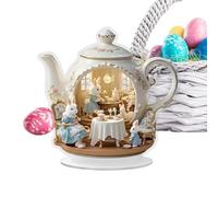 Easter Desktop Ornament - 7.8x7.4x0.7inch Bunny Ornament | 2d Easter Bunny Family in Teapot Statue | Spring Figurines Table Centerpieces for Kitchen Living Room Farmhouse Bedroom Mantel Shelf Window