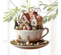 Easter Egg Pendant Decor - Acrylic 2D Flat Coffee Cup House Hangable Ornament, Festive Holiday Decoration | Tree Home Party Spring Display Hanging Accessories