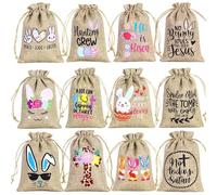 Easter Favor Bags, Bunny Goody Bags, Easter Drawstring Bag, Burlap Drawstring Bag, Decorative Linen Egg Candy Bag, 12 Pieces Bunny Goody Bags, 3.9 X 5.91 Inches for Easter Favors