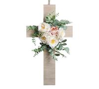 Easter Floral Wreath Sign - 3D Layered Decor Piece, Craft Design, Rustic Farmhouse Ornament Accent | Seasonal Religious Decoration For Porch Garden Fence Indoor Outdoor Home Holiday Parties Display