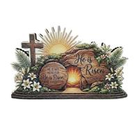 Easter Wooden Desk Decor He Has Risen Sign | Empty Tomb Religious Tabletop Display | Christian Resurrection Holiday Ornament | Church Stage Centerpiece | Shelf Office Home Decoration Photo Prop Gift