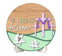 Easter Wooden Sign - He is Risen Spring Board for Holiday Decoration, Farmhouse Tabletop Display with Stable Base, Shelf Desk Living Room Decor, Natural Wood Style, Indoor Seasonal Decoration