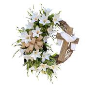 Easter Wreath - 280g PC White Lily Cross Holiday Decorations | 15.75x15.75x3.15 Inches Front Door Wreath For Entryway Kitchen Bedroom Family Gathering Party Wedding