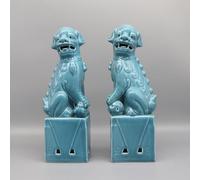 Eastern tide Estatuas de perro chino Foo, leones guardianes de cerámica, figuras tradicionales del templo, juego de 2 (azul claro)