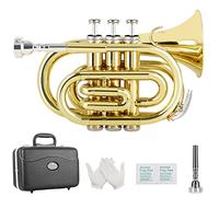 EastRock Pocket Trumpet Bb Gold Lacquer with Standard Trumpet 7C Mouthpiece,Hard Case,Strap,White Gloves and Cleaning Cloth
