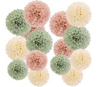 Easy Joy 15 pompones de papel de color verde salvia, rosa desnudo y crema, flores de papel para bodas bohemias, baby shower, cumpleaños y decoración de fiestas en el jardín