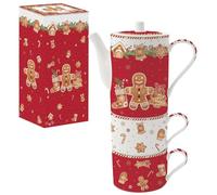 Easy Life Estuche de té de 50 cl + 2 tazas de almuerzo de 24 cl apilable de porcelana FANCY GINGERBREAD