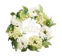 EasyByMall Corona de hortensias artificiales de 40 cm con letrero de saludo, decoración de pared de flores de seda para puerta delantera, fondo de fiesta de boda interior y exterior