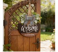 EasyByMall Letrero redondo de madera con corona de primavera, flores falsas y detalles de mariposa, decoración rústica para colgar en la puerta delantera para la entrada tradicional americana del